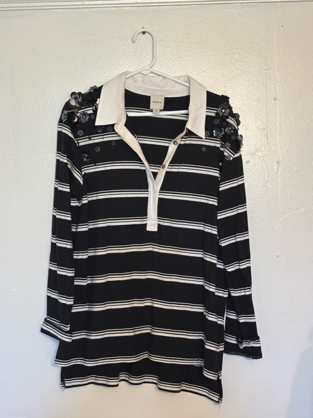 Maeve  Striped Black & White Collared Long-Sleeve shirt
